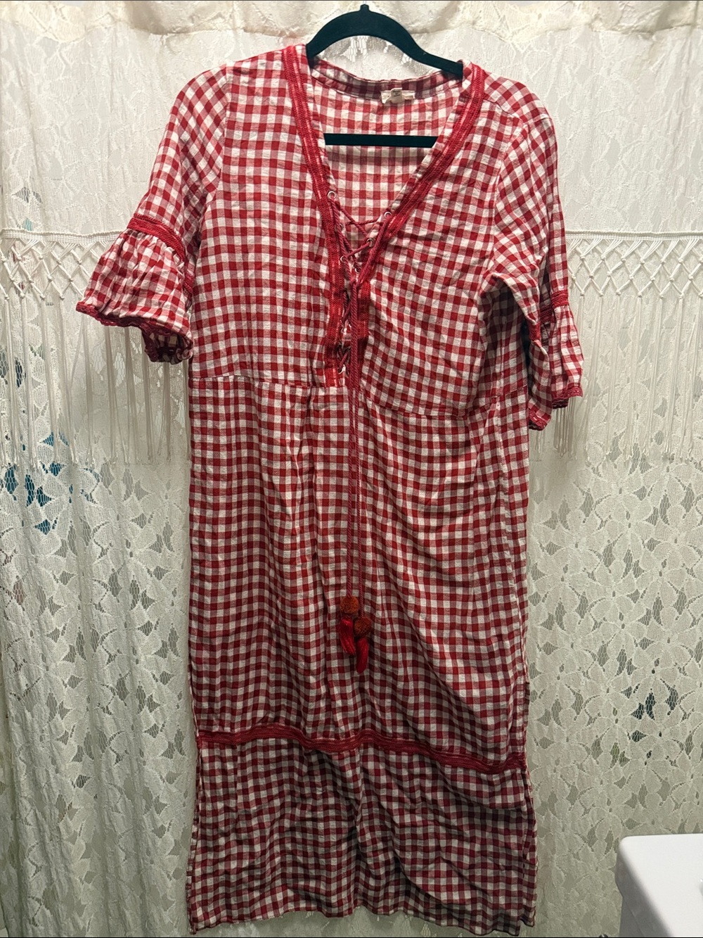 Vintage Pol Midi Dress Cottage Boho Style Bell Sleeves Gingham Pattern Red/White